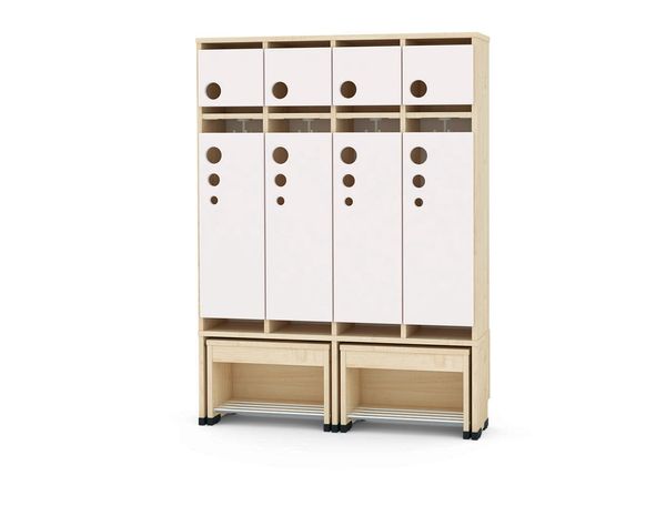 Garderobe mit beweglichem Sitz, 2 Plätze, Türfarbe und Sitzhöhe (26/31/35 cm) wählbar Garderobe mit beweglichem Sitz, 2 Plätze, Türfarbe und Sitzhöhe (26/31/35 cm) wählbar