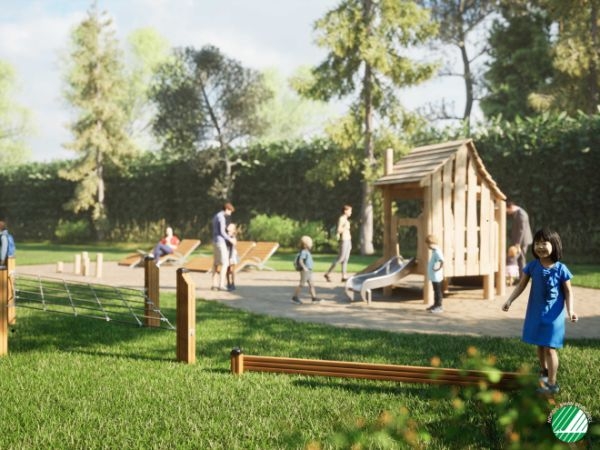 Spielplatz, Kinderspielplatz, Holzspielhaus, Holzspielzeug, Grün