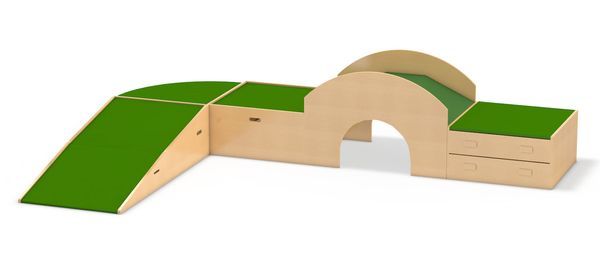 kindergarten, play furniture, modular set, green ramp, arched tunnel