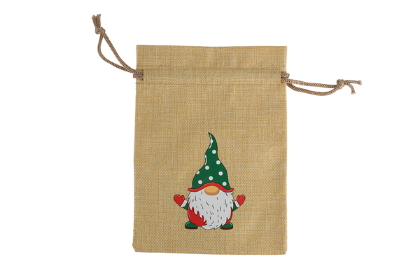 jute bag, drawstring pouch, gnome, elf, green hat