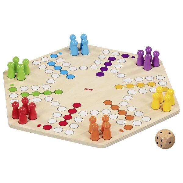 GOKI Brettspiel Ludo, für 6 Spieler, aus Holz, 34 x 34 cm, ab 4 Jahre