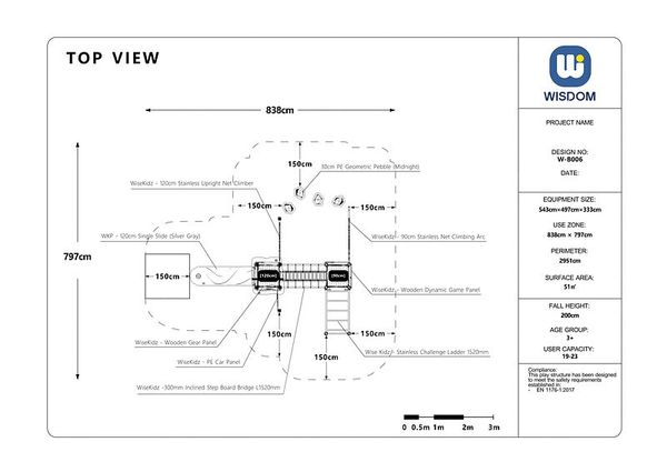 Überdachter Turm mit Rutsche, Kletternetz und Hangelelementen