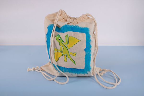 Drawstringtasche, Canvas-Beutel, Drachen-Design, blauer Rahmen, beige Tasche