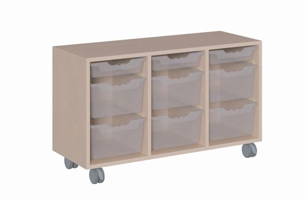 Regal fahrbar mit 3 flachen, 6 hohen ErgoTray Boxen (B/H/T: 105 x 62,5 x 40 cm) Regal fahrbar mit 3 flachen, 6 hohen ErgoTray Boxen (B/H/T: 105 x 62,5 x 40 cm)