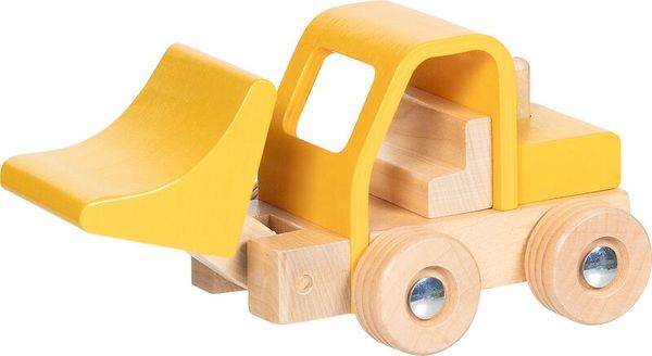 wooden toy, construction truck, yellow accents, wooden wheels, kids vehicle