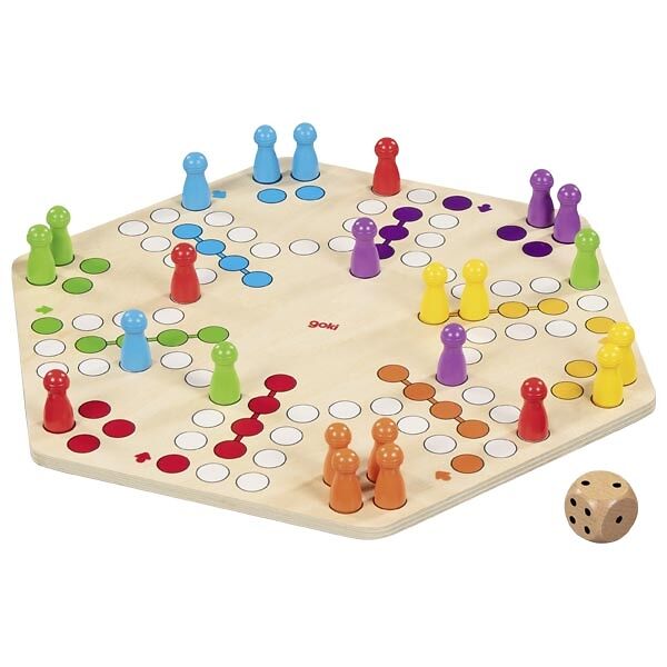 GOKI Brettspiel Ludo, für 6 Spieler, aus Holz, 34 x 34 cm, ab 4 Jahre