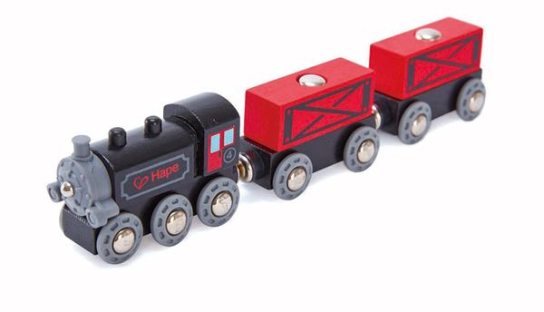 Toy train, Locomotive, Wagon, Red cargo cars, Miniature train