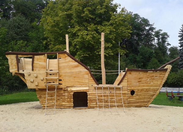 Spielschiff, Holzboot, Kletterseil, Kletterseile, Piratenboot