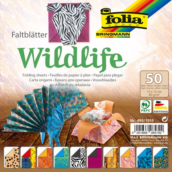 Origamipapier Wildlife, 15x15 cm, 50 Blatt