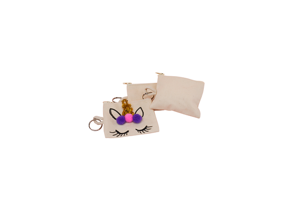 Täschchen-Set, Beige, Reißverschluss, Katzengesicht, Pompons