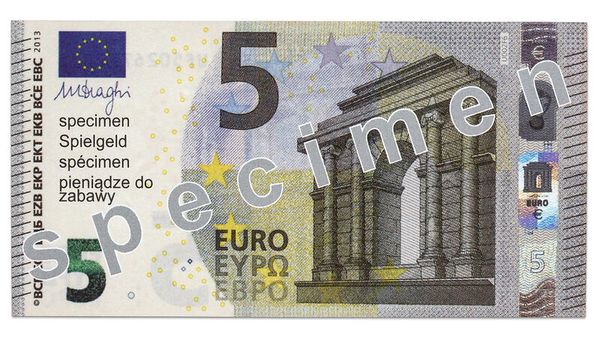 5-Euro-Schein, EURO-Banknote, Banknote, Gebäude-Illustration, Sicherheitsmerkmale