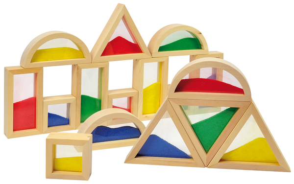 holzspielzeug, formenbausteine, geometrische-formen, farbige-sanduhren, bausteine-set