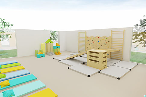 Darstellung eines Mehrzweckraumes in der Kita mit Kletterwand und Matten