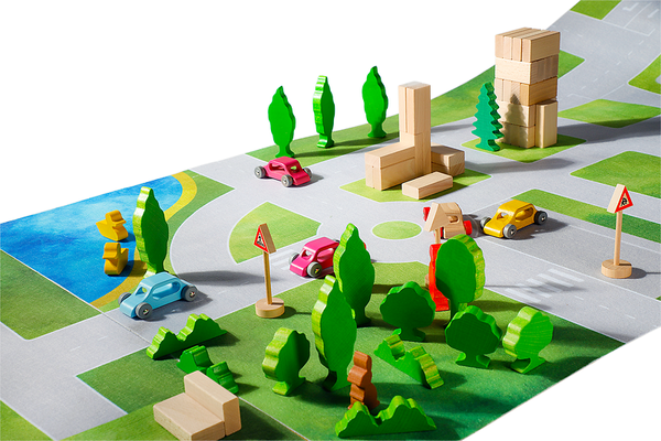Straßenspielmatte, Holzspielzeug, Spielzeugautos, Holzbausteine, Verkehrszeichen