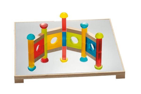 Holzspielzeug, Kreuzstapler, Spiegelbrett, Holzstifte, Farbig